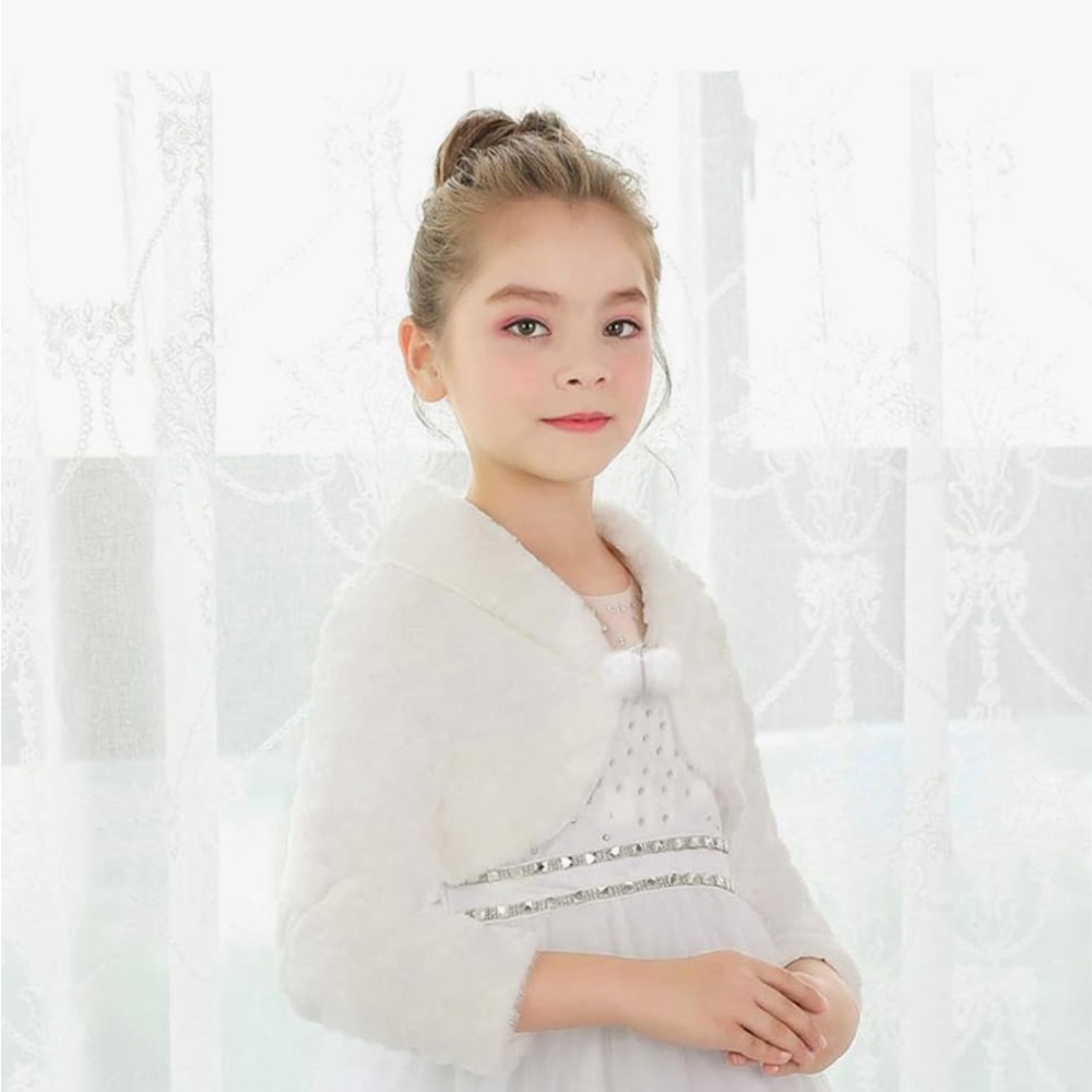 Girls Ivory Large Princess Faux Fur Bolero Shrug Party Wedding Dress Up